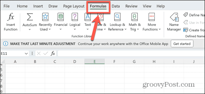 меню формул Excel