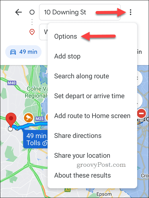 Открыть параметры маршрутов Google Maps