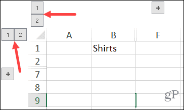 Кнопки сгруппированных столбцов и строк в Excel в Windows