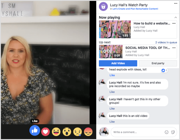 Члены группы могут комментировать видео и реагировать на них во время вечеринки в Facebook.