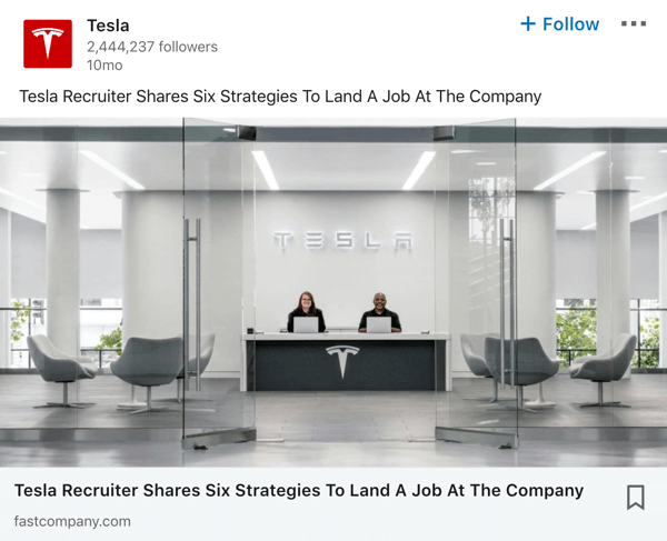 Пример публикации на странице компании Tesla в LinkedIn.