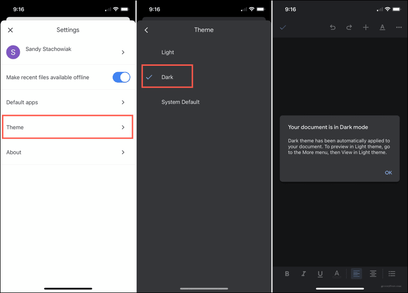 Включить темный режим в Google Документах на iPhone