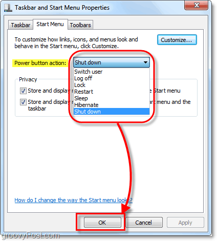 изменить действие кнопки питания меню «Пуск» в Windows 7