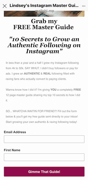 пример лендинга для лид-магнита, продвигаемого в Instagram Story