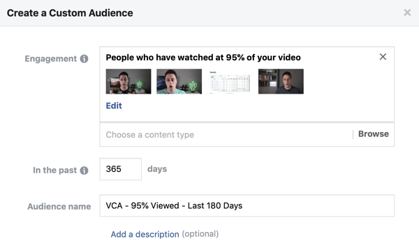 Настройка параметров для создания настраиваемой аудитории Facebook из людей, которые смотрят видео на Facebook или Instagram.