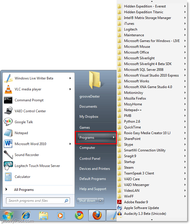 Windows 7 Пуск меню с XP Classic Все меню Пуск меню