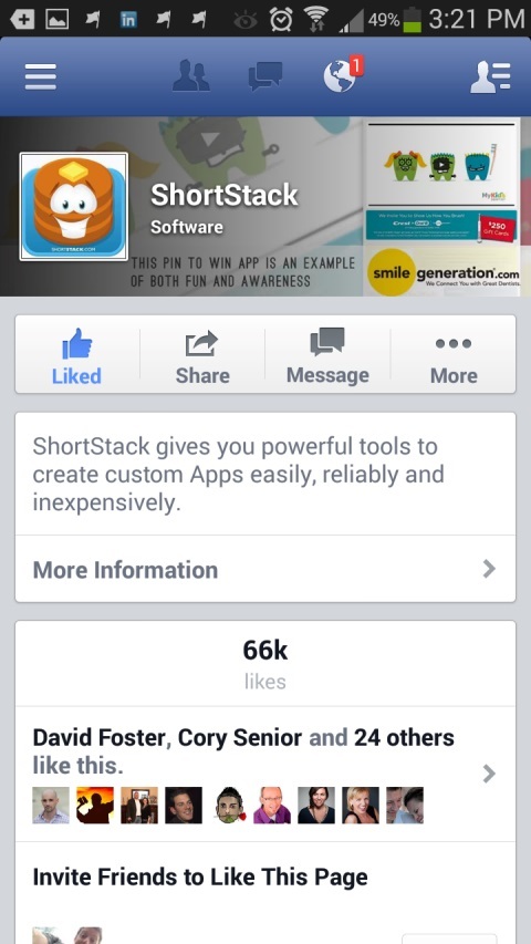 страница shortstack в facebook на мобильном устройстве