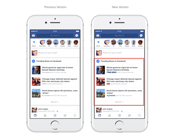 Facebook теперь показывает логотипы издателей в разделе «Тенденции» и в поиске.