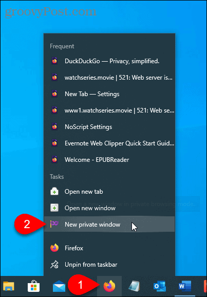 Выберите New Private Window в Firefox на панели задач