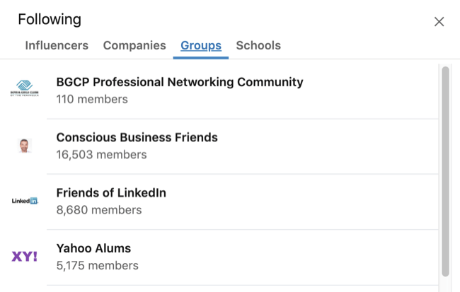 В профиле LinkedIn развернуто поле «Интересы» с выбранной вкладкой «Группа»