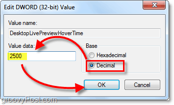 настройте свойства двойного слова на Десятичное и введите значение 2500 для Windows 7 DesktopLivePreviewHoverTime