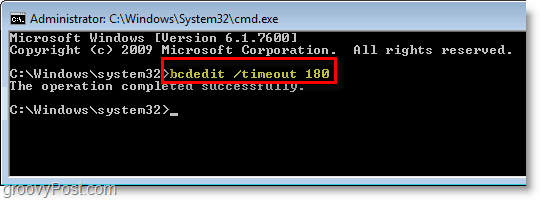 Скриншот Windows 7 - введите bcdedit / timeout 180 в команду
