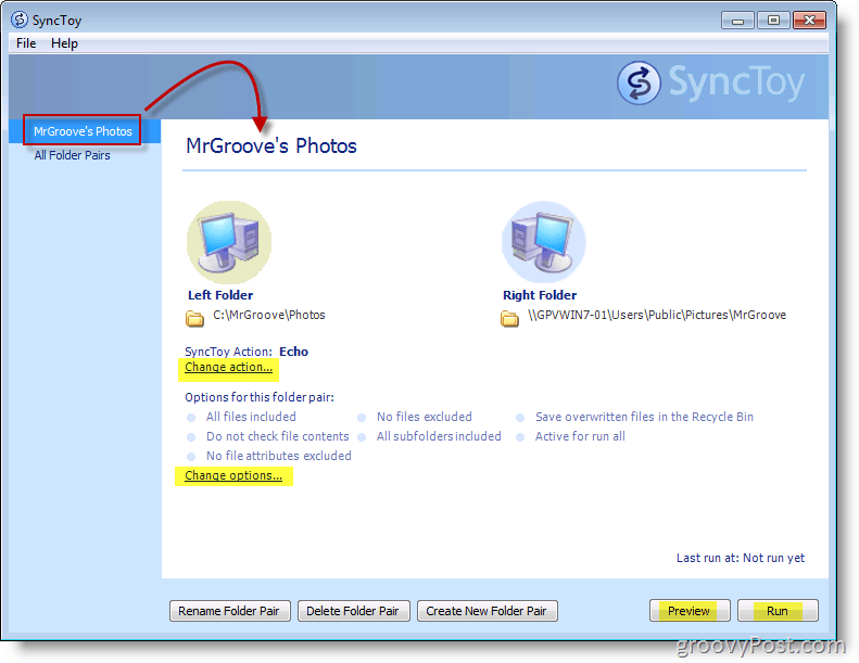 Скриншот главного меню Microsoft SyncToy
