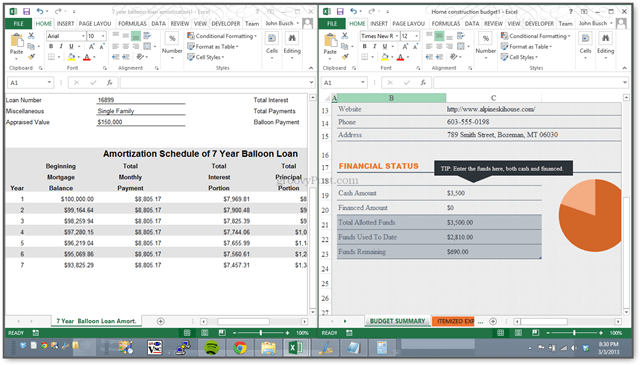 Новый! Excel 2013 позволяет просматривать таблицы одновременно в отдельных окнах