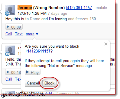Блокировать звонки Google Voice