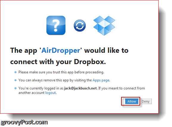 AirDropper Dropbox - подключите приложение к Dropbox