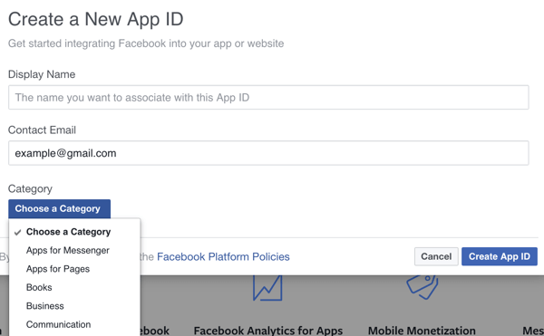 Заполните данные для вашего нового приложения Facebook.