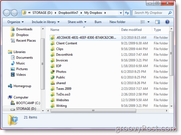 Папка Dropbox в Windows 7 View