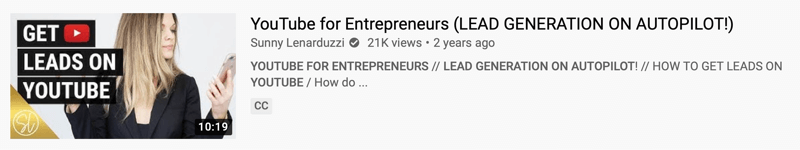 Пример видео на YouTube от @sunnylenarduzzi из "YouTube для предпринимателей (лидогенерация на автопилоте!)", показывающего 21 тысячу просмотров за последние 2 года