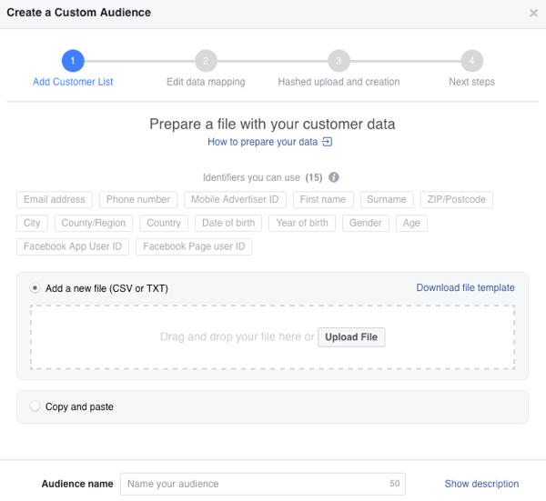 Вы можете загрузить свой список клиентов или скопировать и вставить его, чтобы создать индивидуальную аудиторию Facebook.