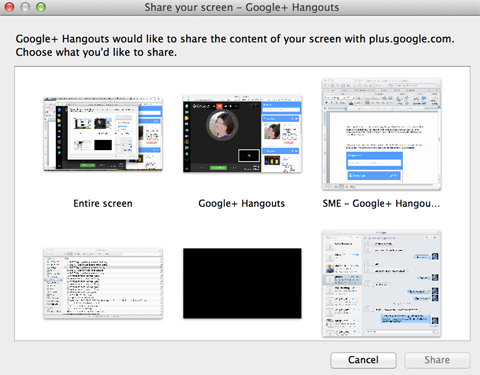 параметры совместного использования экрана в Google + Hangouts