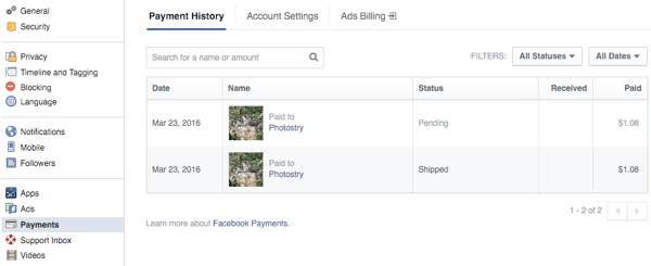 клиенты просматривают заказы в разделе платежей в настройках facebook
