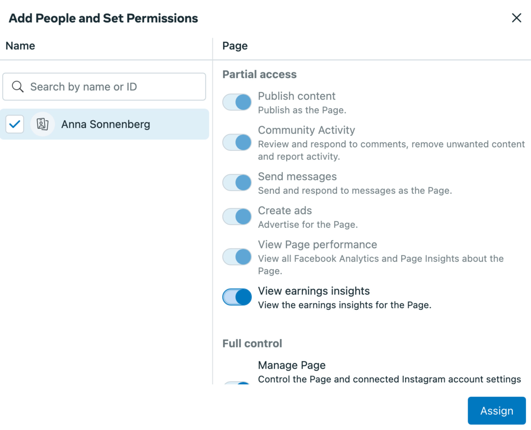 изображение экрана App People и Set Permissions в Meta Business Suite