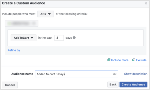 Выберите параметры для создания настраиваемой аудитории Facebook на основе события AddToCart