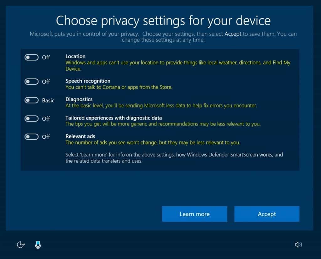 Windows 10, Конфиденциальность, Обновление создателей, OOBE