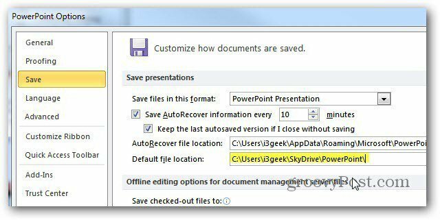 Сохранить документы Microsoft Office в SkyDrive по умолчанию