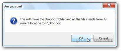 подтвердить новое местоположение Dropbox