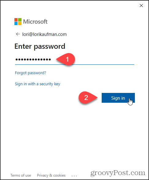 Введите пароль для электронной почты Microsoft