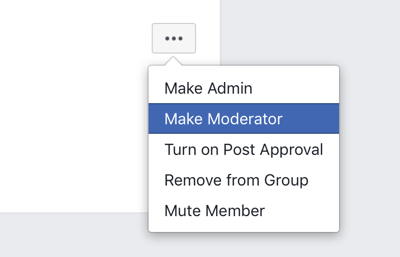 Как улучшить сообщество группы Facebook, пункт меню группы Facebook, чтобы сделать члена модератором 