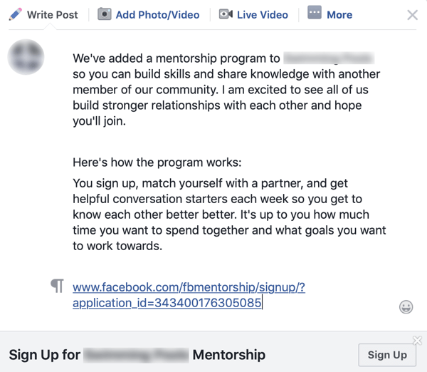Как улучшить сообщество в группе в Facebook, пример группового объявления для программы наставничества в Facebook