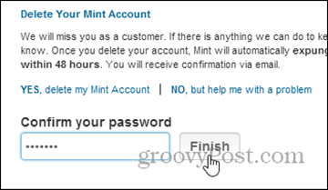 подтвердить удаление паролем - удалить учетную запись mint.com