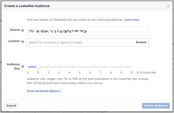 Установите размер аудитории, похожей на Facebook. Вы можете контролировать размер с помощью ползунка, который появляется при создании аудитории.