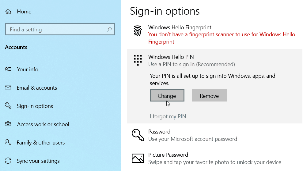 изменить добавить ПИН Windows 10