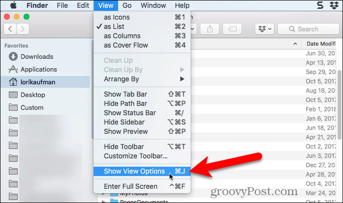 Выберите Показать параметры просмотра в Finder на Mac