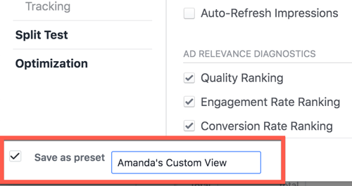 Сохранение пользовательского представления отчета в Facebook Ads Manager.