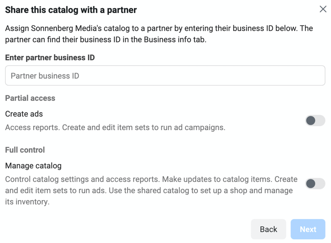 изображение экрана «Поделитесь этим каталогом с партнером» в Meta Business Manager