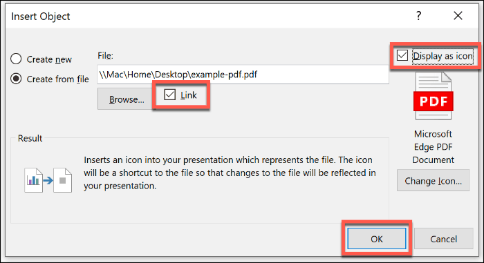 Вставка файла PDF в виде объекта в PowerPoint