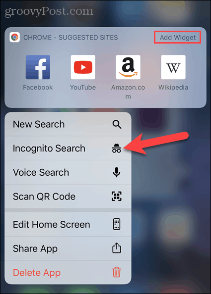 Нажмите «Новая вкладка инкогнито» на значке приложения Chrome на iOS.
