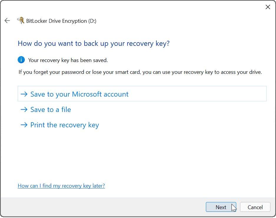 используйте битлокер, чтобы перейти на ключ восстановления Windows 11