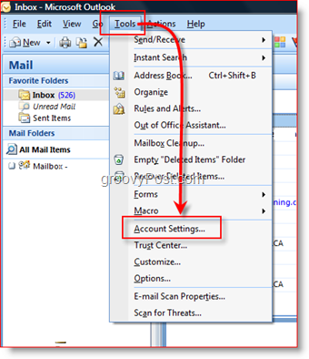 Открыть настройки учетной записи в Outlook 2007