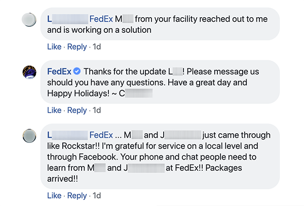 Это скриншот беседы в Facebook между FedEx и клиентом. Клиент сообщает службе поддержки, что кто-то обратился к ним и помогает им с проблемой. Представитель службы поддержки благодарит клиента и призывает его связаться, если у него возникнут вопросы. Затем покупатель отвечает, что местные сотрудники службы поддержки клиентов Facebook - рок-звезды. Шеп Хайкен отмечает, что отличное социальное обслуживание клиентов может превратить людей в защитников бренда.