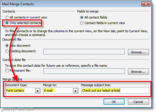 Снимок экрана Outlook 2010 — убедитесь, что параметры указаны правильно в контактах слияния почты