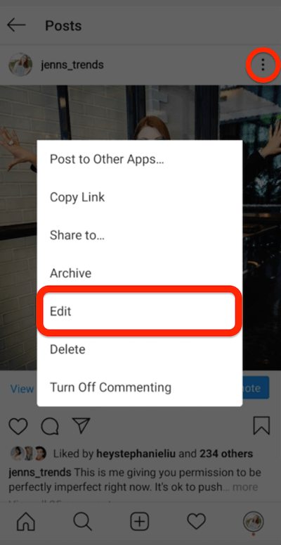 меню из трех точек для сообщения Instagram, показывающее возможность редактирования сообщения