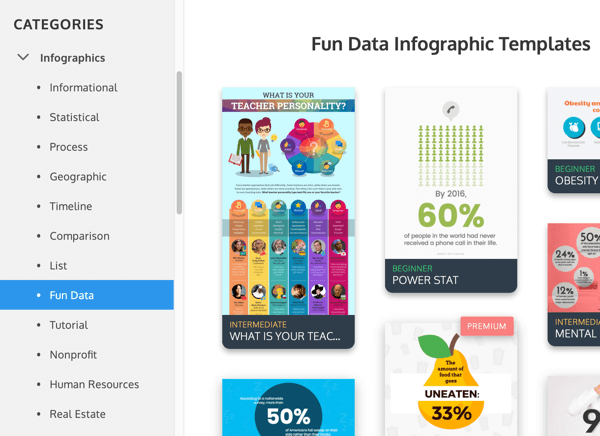 Примеры инфографических категорий Venngage в разделе «Забавные данные».