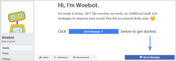 Кнопка «Отправить сообщение» на странице Woebot в Facebook.
