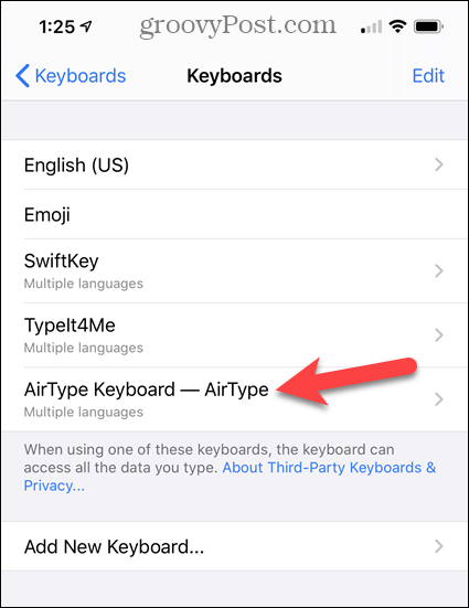 Нажмите AirType Keyboard в списке клавиатур iPhone.